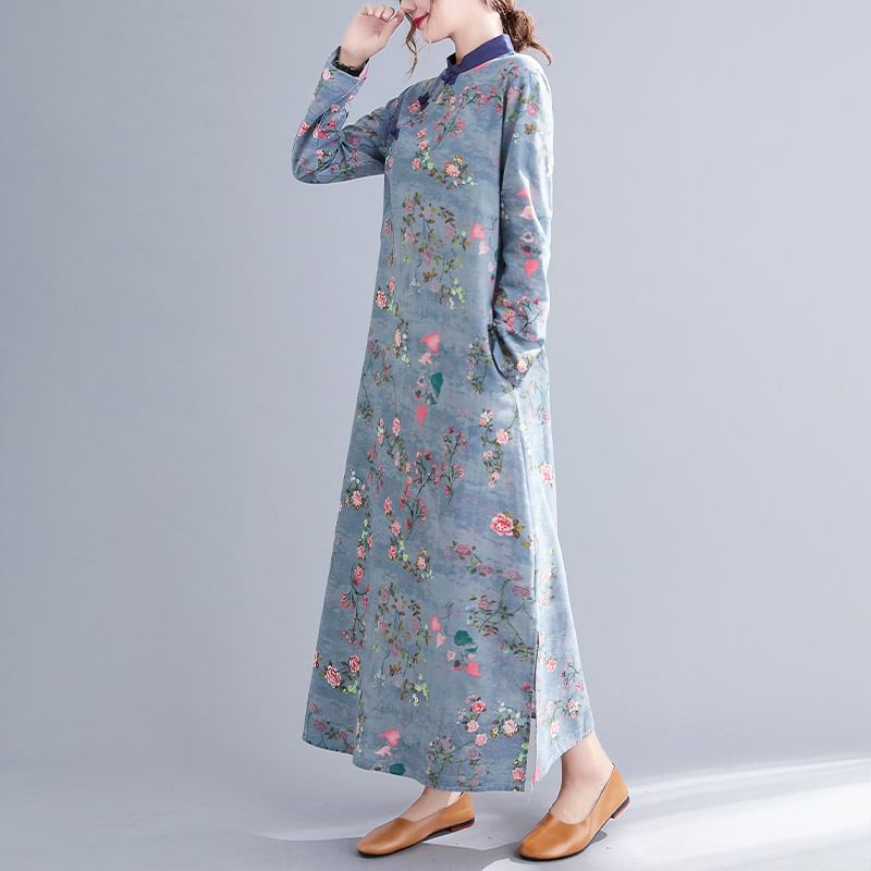 Long Sleeve Band Collar Floral Print Maxi Qipao