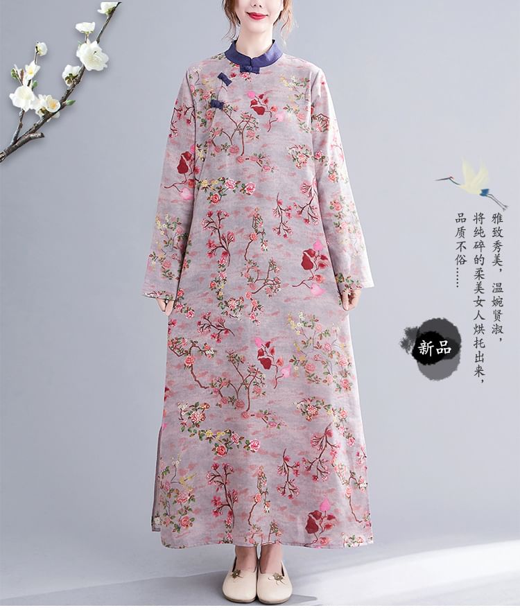 Long Sleeve Band Collar Floral Print Maxi Qipao