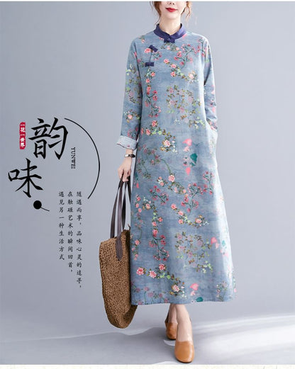 Long Sleeve Band Collar Floral Print Maxi Qipao