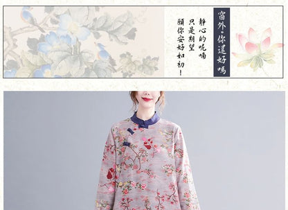 Long Sleeve Band Collar Floral Print Maxi Qipao