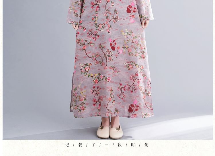 Long Sleeve Band Collar Floral Print Maxi Qipao