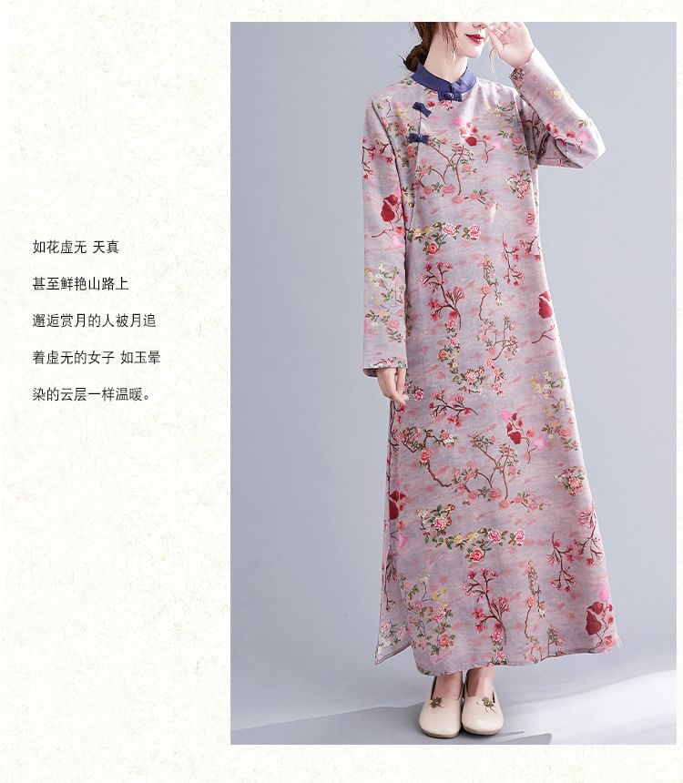 Long Sleeve Band Collar Floral Print Maxi Qipao