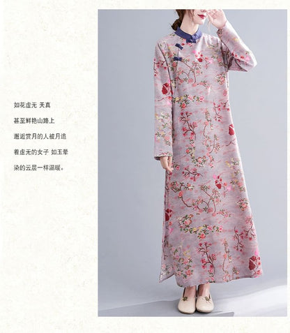 Long Sleeve Band Collar Floral Print Maxi Qipao