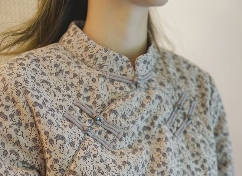 Long Sleeve Band Collar Floral Print Loose Hanfu Blouse