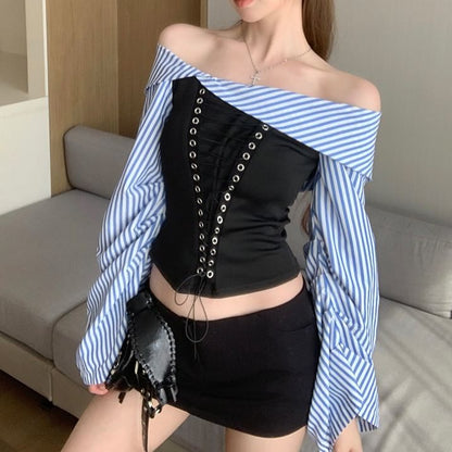 Flared-Sleeve Off-Shoulder Striped Lace-Up Cropped Blouse