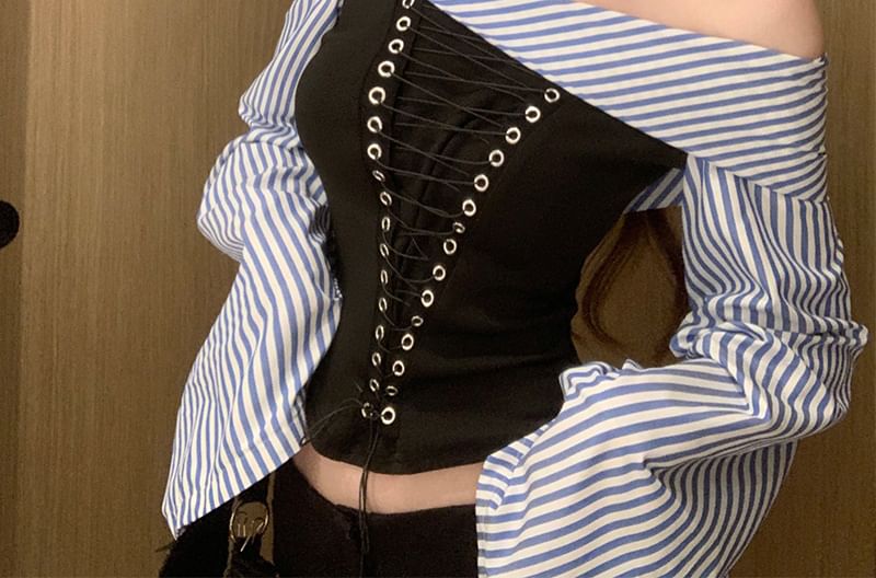 Flared-Sleeve Off-Shoulder Striped Lace-Up Cropped Blouse