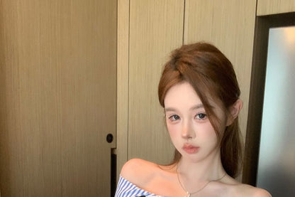 Flared-Sleeve Off-Shoulder Striped Lace-Up Cropped Blouse