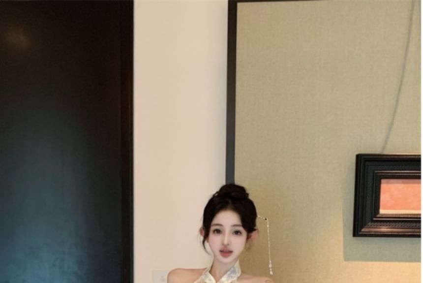 Halter Floral Lace Panel Mini Qipao