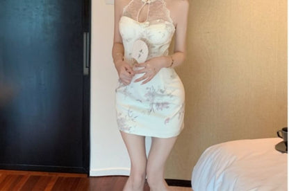 Halter Floral Lace Panel Mini Qipao