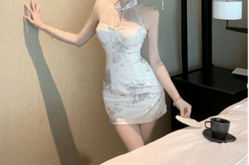 Halter Floral Lace Panel Mini Qipao