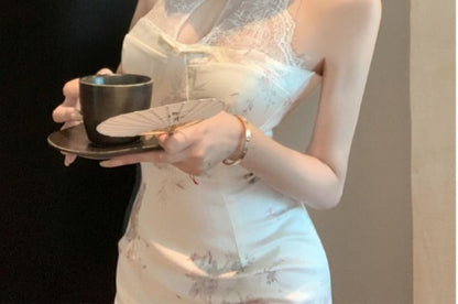 Halter Floral Lace Panel Mini Qipao