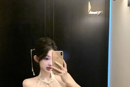 Halter Floral Lace Panel Mini Qipao