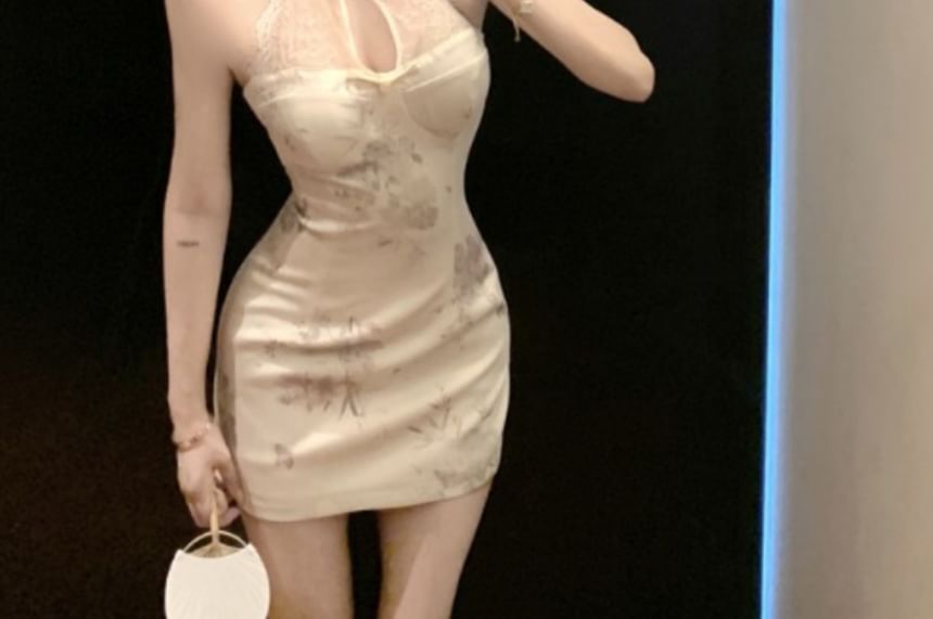Halter Floral Lace Panel Mini Qipao