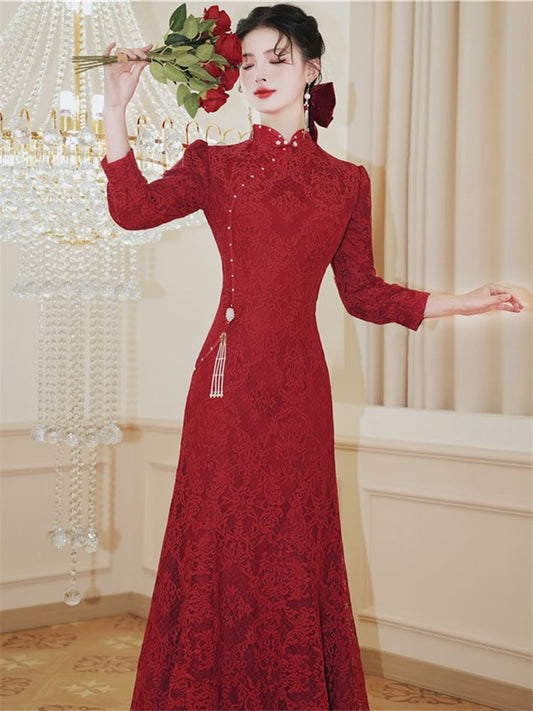 Long Sleeve Stand Collar Floral Lace Mermaid Wedding Gown