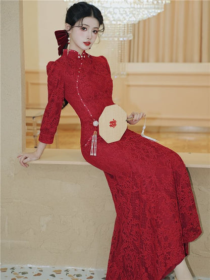 Long Sleeve Stand Collar Floral Lace Mermaid Wedding Gown