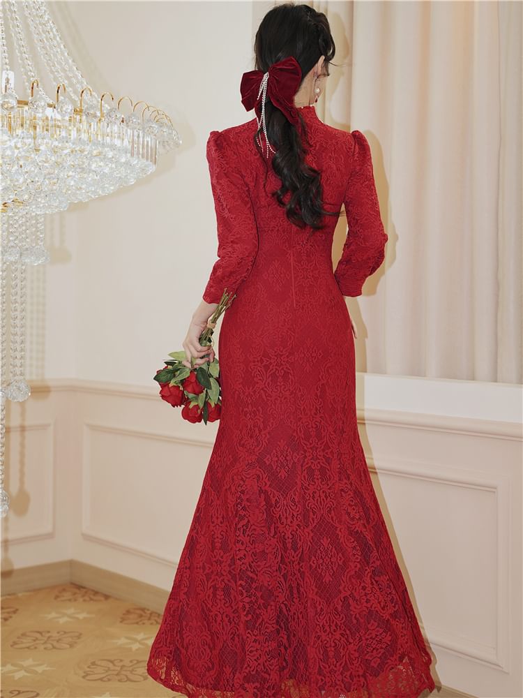 Long Sleeve Stand Collar Floral Lace Mermaid Wedding Gown