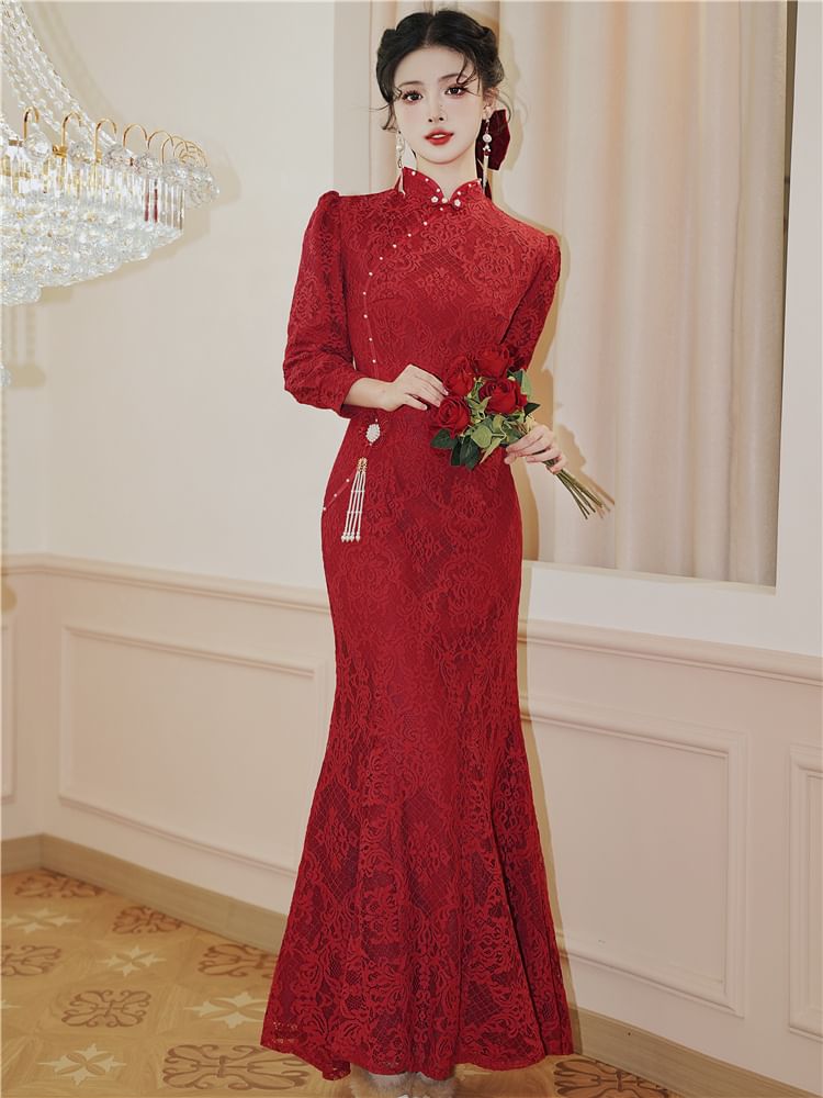 Long Sleeve Stand Collar Floral Lace Mermaid Wedding Gown