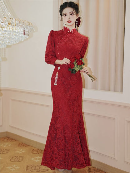 Long Sleeve Stand Collar Floral Lace Mermaid Wedding Gown