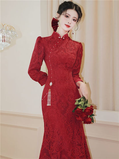 Long Sleeve Stand Collar Floral Lace Mermaid Wedding Gown