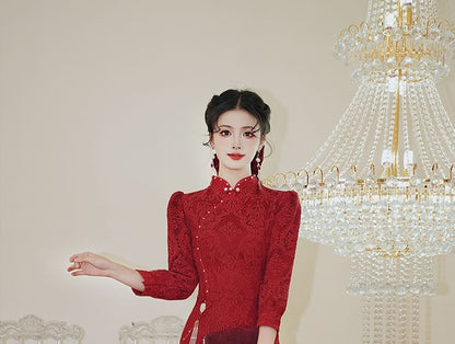 Long Sleeve Stand Collar Floral Lace Mermaid Wedding Gown