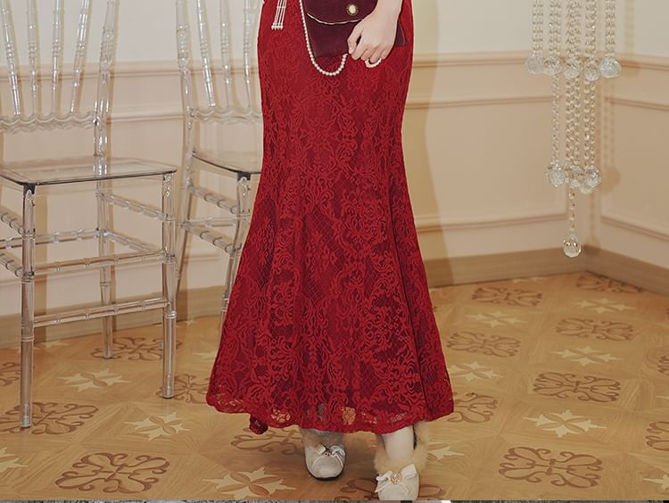 Long Sleeve Stand Collar Floral Lace Mermaid Wedding Gown