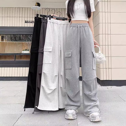 Drawstring Waist Plain Wide Leg Cargo Sweatpants