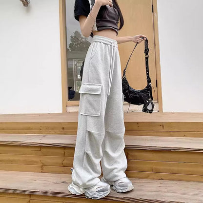 Drawstring Waist Plain Wide Leg Cargo Sweatpants