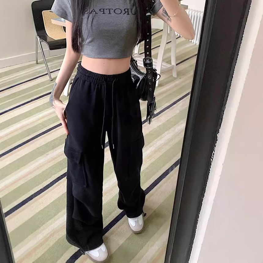 Drawstring Waist Plain Wide Leg Cargo Sweatpants