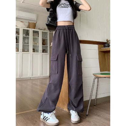 Drawstring Waist Plain Wide Leg Cargo Sweatpants