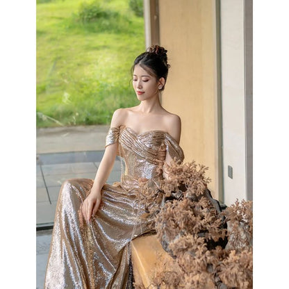 Short-Sleeve Off-Shoulder Sequin Ruched Trained A-Line Evening Gown