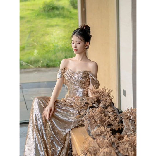 Short-Sleeve Off-Shoulder Sequin Ruched Trained A-Line Evening Gown