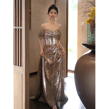 Short-Sleeve Off-Shoulder Sequin Ruched Trained A-Line Evening Gown