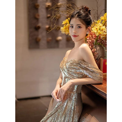 Short-Sleeve Off-Shoulder Sequin Ruched Trained A-Line Evening Gown