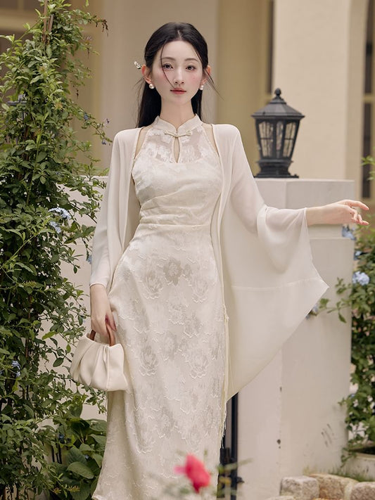 Set: Halter Neck Stand Collar Floral Jacquard Ruched Frog Buttoned Midi Sheath Qipao + Plain Fringed Open Front Long Light Jacket