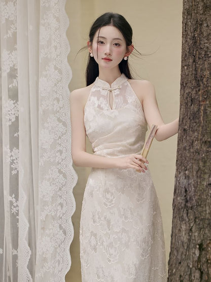 Set: Halter Neck Stand Collar Floral Jacquard Ruched Frog Buttoned Midi Sheath Qipao + Plain Fringed Open Front Long Light Jacket