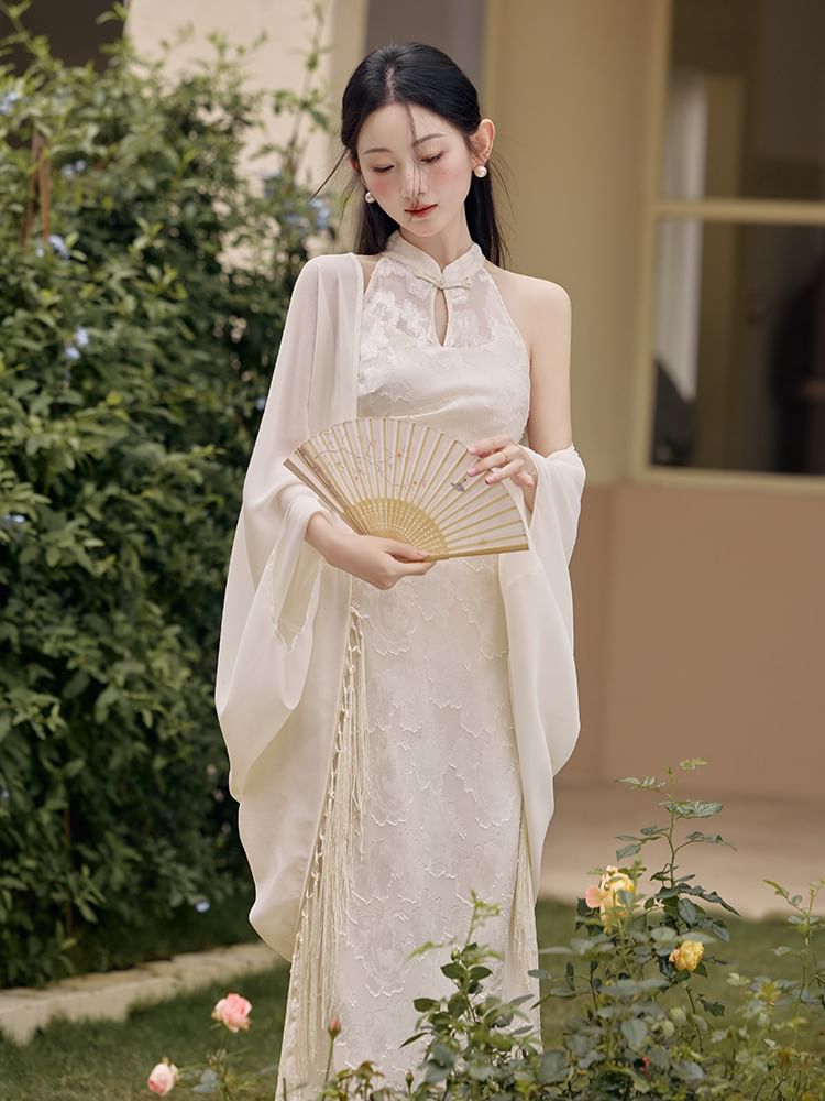 Set: Halter Neck Stand Collar Floral Jacquard Ruched Frog Buttoned Midi Sheath Qipao + Plain Fringed Open Front Long Light Jacket