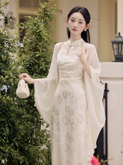 Set: Halter Neck Stand Collar Floral Jacquard Ruched Frog Buttoned Midi Sheath Qipao + Plain Fringed Open Front Long Light Jacket