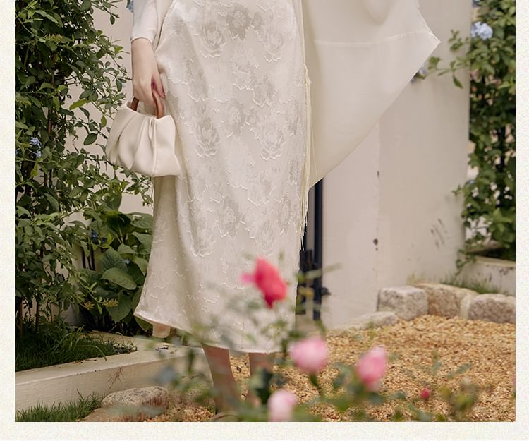 Set: Halter Neck Stand Collar Floral Jacquard Ruched Frog Buttoned Midi Sheath Qipao + Plain Fringed Open Front Long Light Jacket