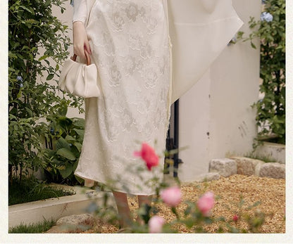 Set: Halter Neck Stand Collar Floral Jacquard Ruched Frog Buttoned Midi Sheath Qipao + Plain Fringed Open Front Long Light Jacket