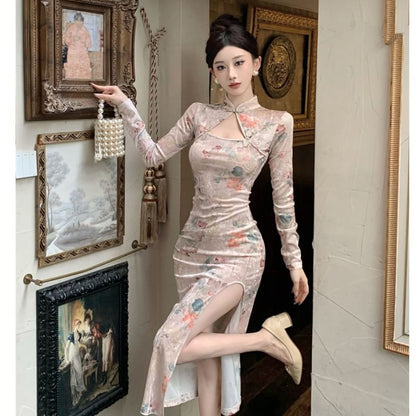 Long-Sleeve Floral Print Cutout Frog Buttoned Slit Velvet Midi Bodycon Qipao