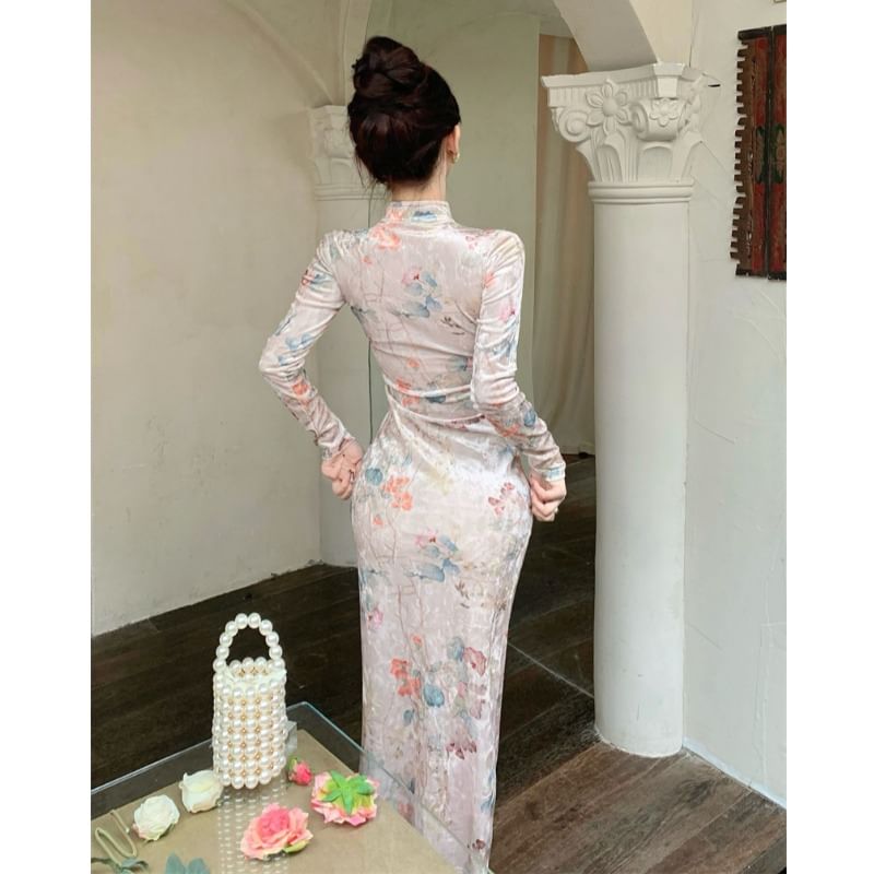 Long-Sleeve Floral Print Cutout Frog Buttoned Slit Velvet Midi Bodycon Qipao