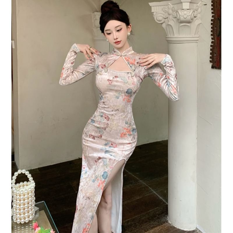 Long-Sleeve Floral Print Cutout Frog Buttoned Slit Velvet Midi Bodycon Qipao