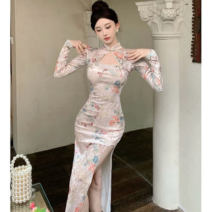 Long-Sleeve Floral Print Cutout Frog Buttoned Slit Velvet Midi Bodycon Qipao