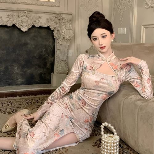 Long-Sleeve Floral Print Cutout Frog Buttoned Slit Velvet Midi Bodycon Qipao