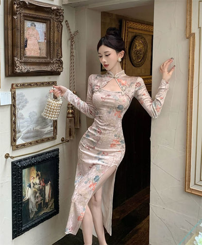 Long-Sleeve Floral Print Cutout Frog Buttoned Slit Velvet Midi Bodycon Qipao