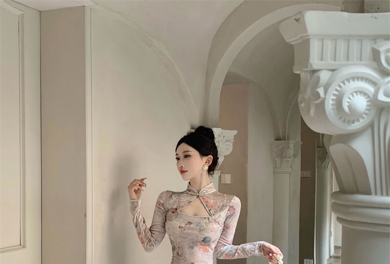 Long-Sleeve Floral Print Cutout Frog Buttoned Slit Velvet Midi Bodycon Qipao