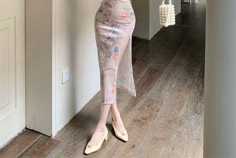 Long-Sleeve Floral Print Cutout Frog Buttoned Slit Velvet Midi Bodycon Qipao