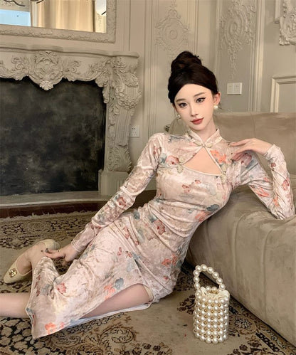 Long-Sleeve Floral Print Cutout Frog Buttoned Slit Velvet Midi Bodycon Qipao