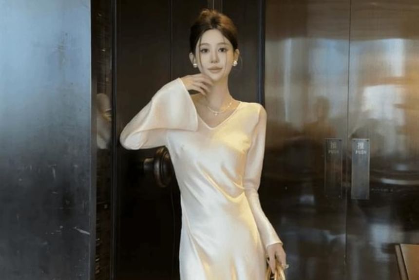 Long-Sleeve V-Neck Satin Plain Maxi Sheath Dress