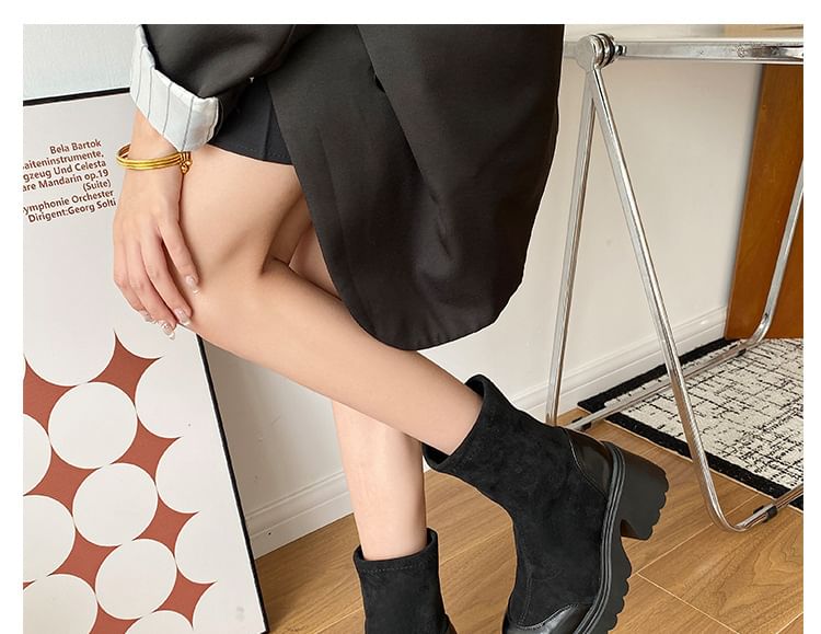 Chunky Heel Plain Faux Leather Panel Short Boots